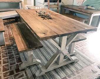 rustic farmhouse pedestal table with benches provincial brown with white distressed UQIOSDR