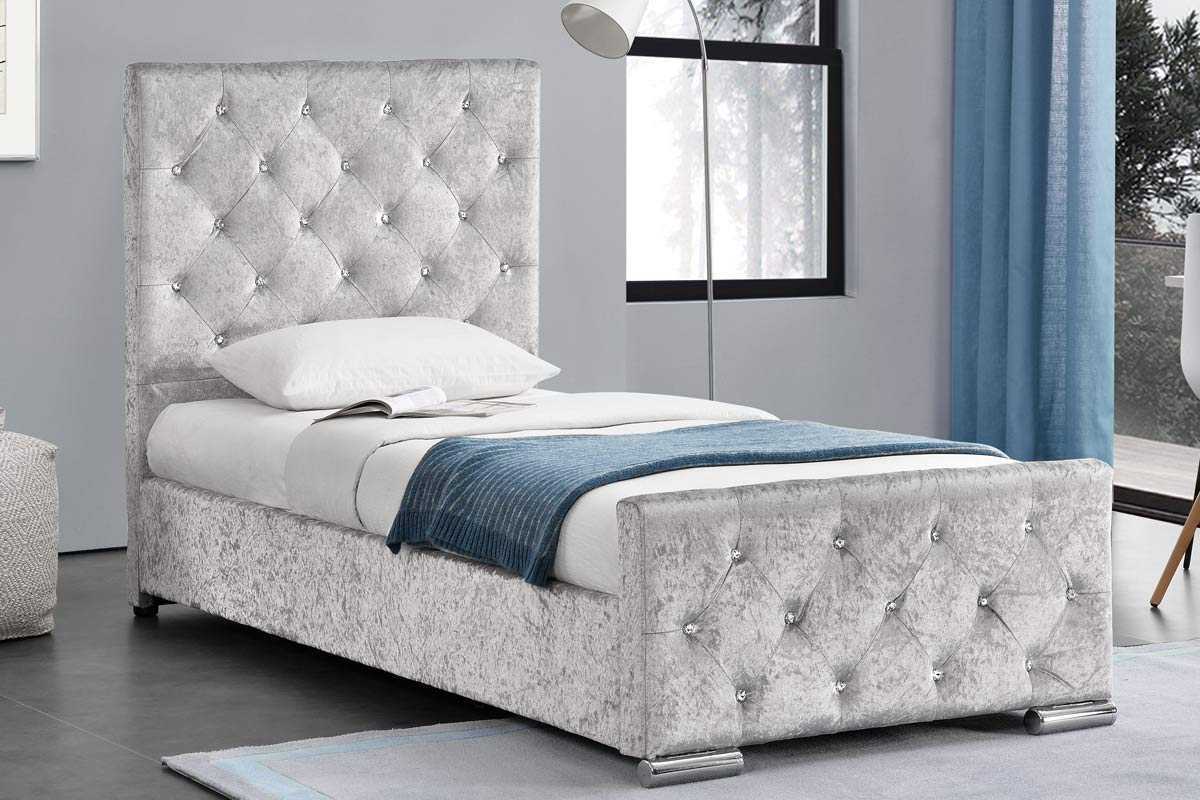 Single beds Beaumont Silver Crushed Velvet single bed with storage box ... CABRVVF