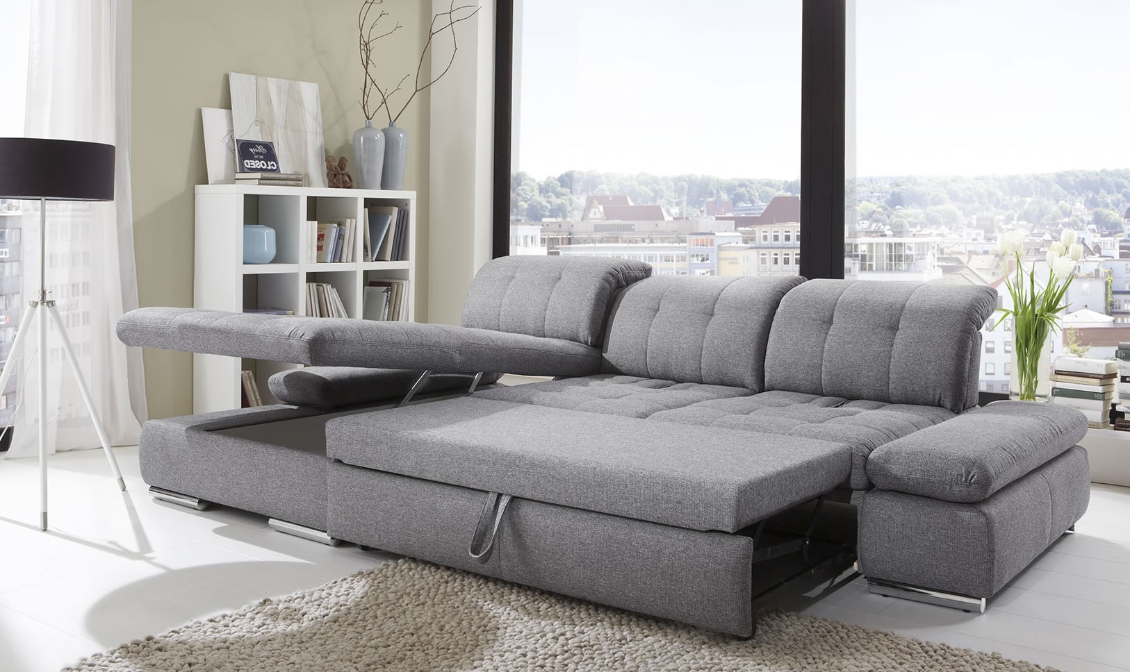 Sofa bed, alpine add-on sofa bed, left armrest, chaise longue, black white fabric 32 YUTNUOD