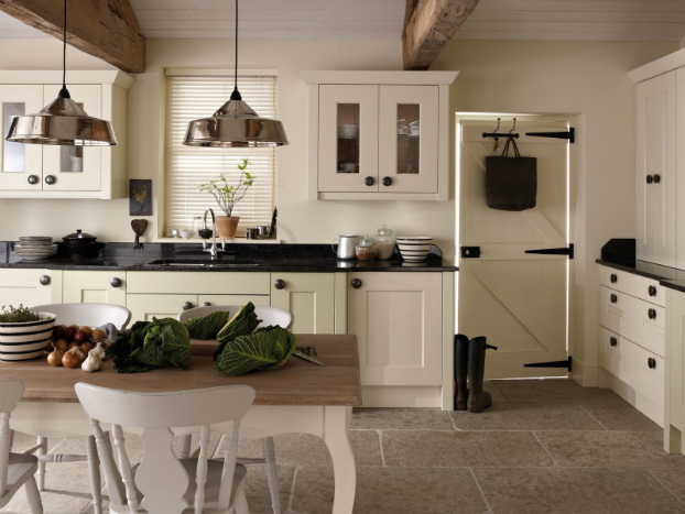 white country kitchen with black worktop QYTELVB