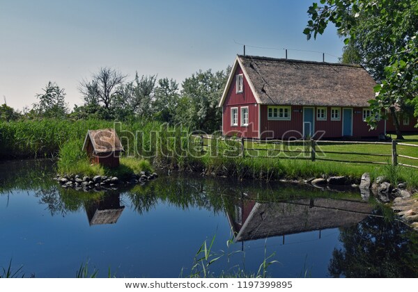 Thatched roof of wooden house by the pond |  Buildings / landmarks floor.