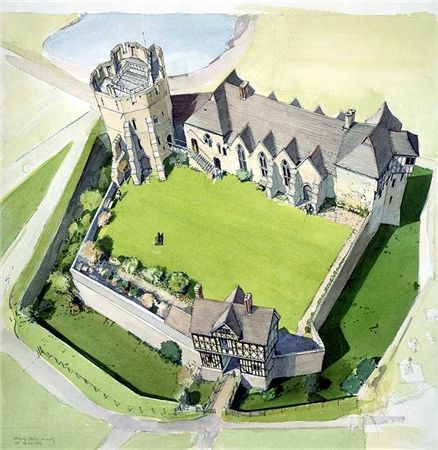 Reconstruction drawing of Stokesay Castle.  Truly a forified mansion.