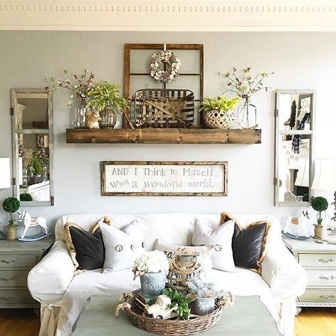 stealing comfy farmhouse living room designs.  shelf above the couch.
