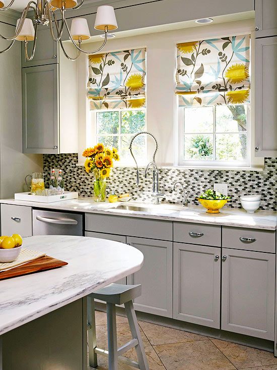 Kitchen Window Treatments |  Spring kitchen decor, yellow kitchen.