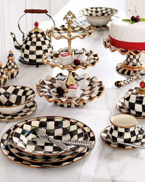 Black And White Courtly Check tableware and textile collection.