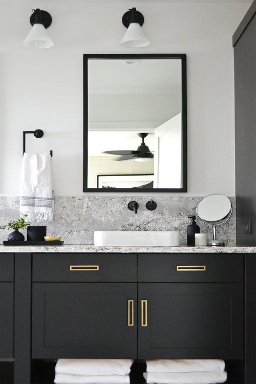 Black bathroom vanity with marble and brass |  Jaclyn Peter's design.