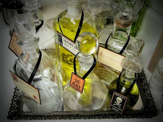 Vintage Apothecary Drink Station.  |  Halloween Beverage Station, Drinking.