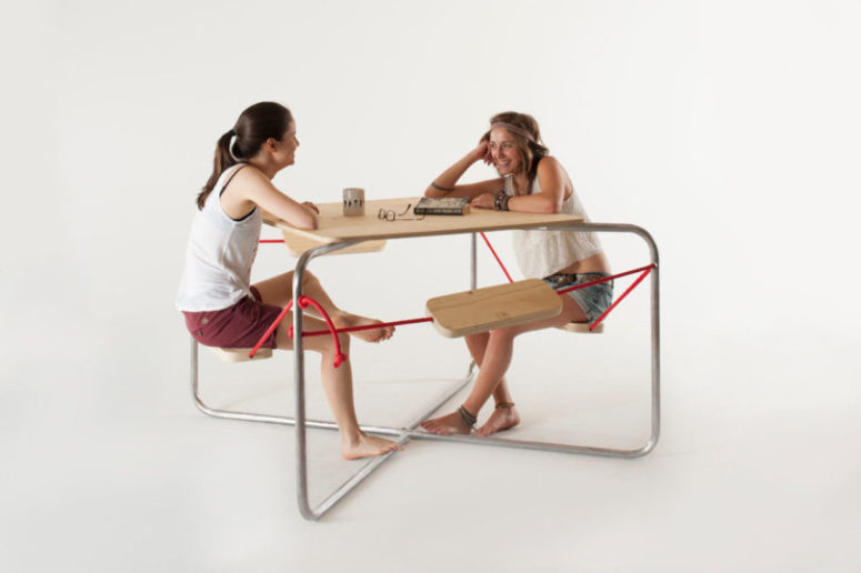 Balance Picnic Table Metal Frame Red Ropes Wooden Surfaces.