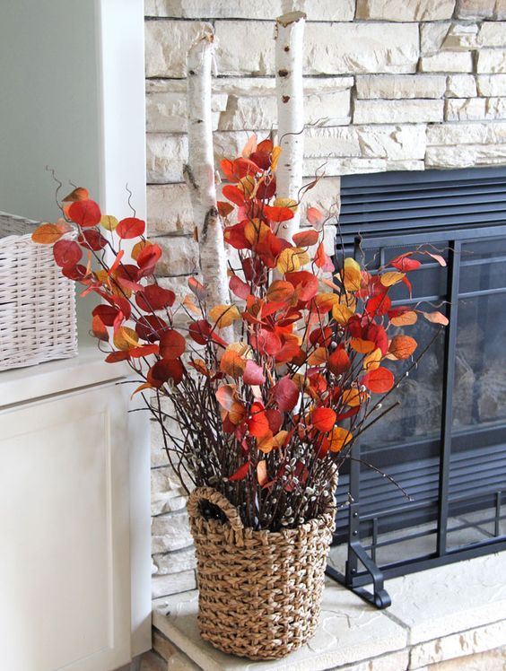 a bold autumn decoration of a basket with thick birch branches and.