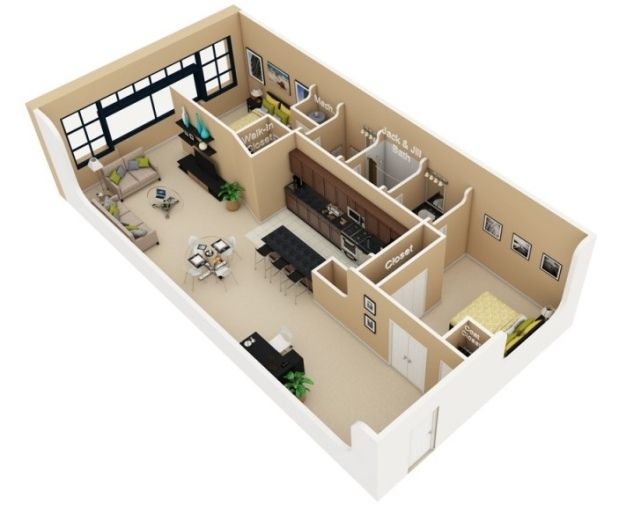 3D Modern Small Home Floor Plans with Open Layout 2 Bedrooms |  To plan.