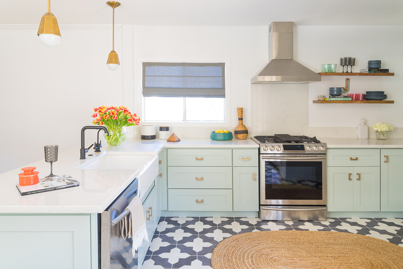 Mid-Century Mint Kitchen Design with a Brass Touch - DigsDi