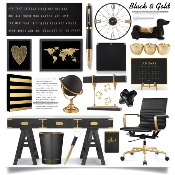 Black & Gold Office Decoration |  Gold office decor, black gold office.