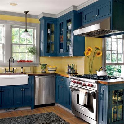 Blue and yellow kitchens
