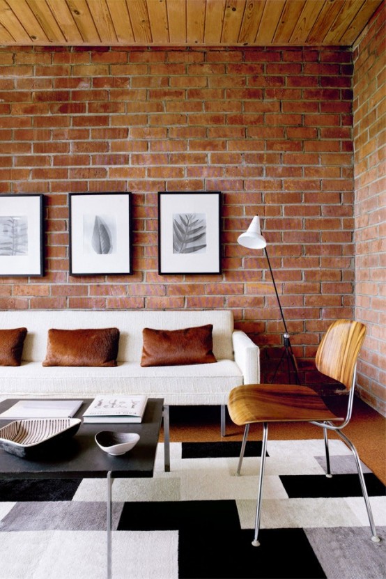 Cool living room with brick walls