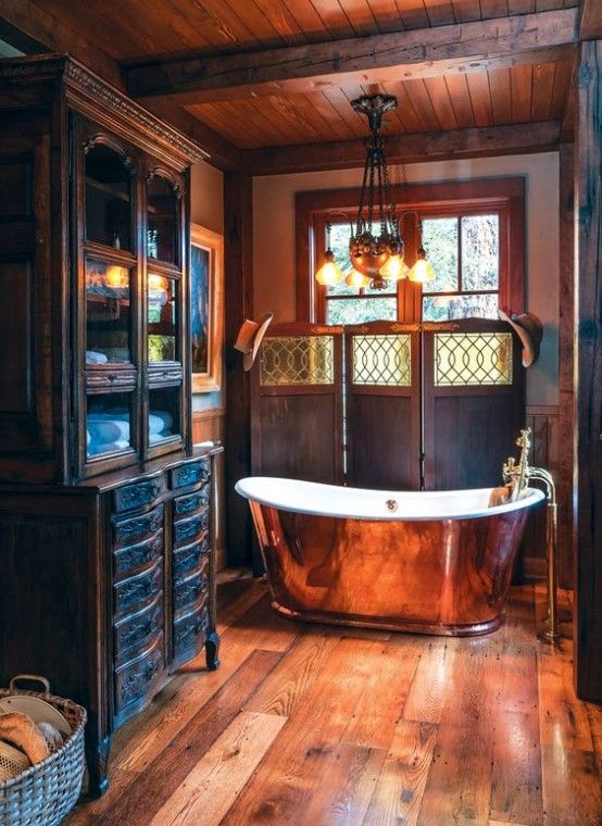 Incorporate exposed wooden beams in bathroom designs
