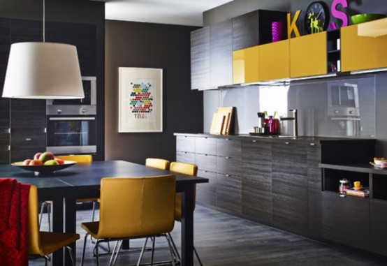 Stunning black kitchen design with touches of yellow