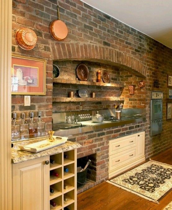Stylish kitchens with exposed brick walls and ceilings