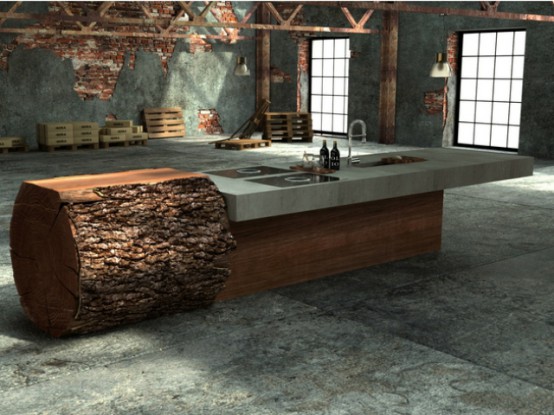 Minimalist and natural oak trunk kitchen