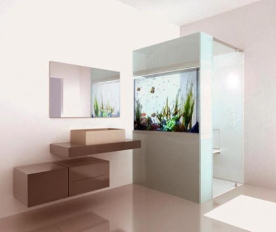 Shower with built-in aquarium