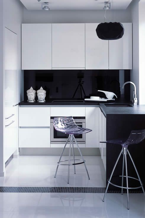A tiny black and white minimalist kitchen with a sleek black glass backsplash that enhances the contrast