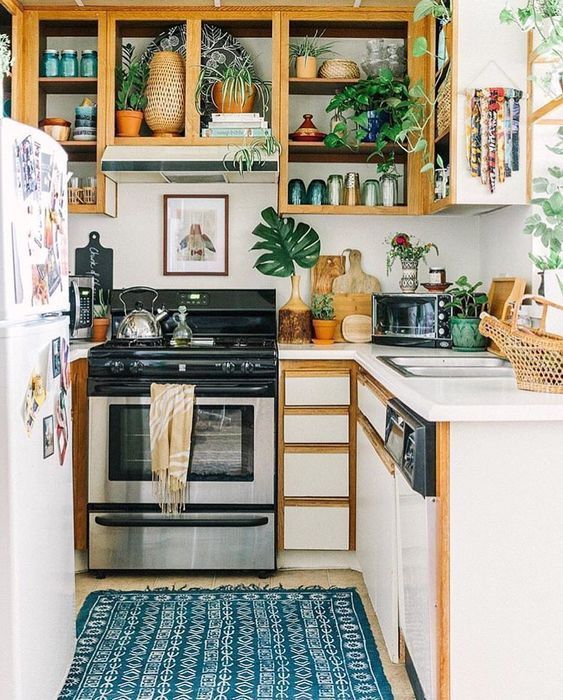 a small boho kitchen with open and closed simple cabinets, a printed rug, lots of greenery and leaves