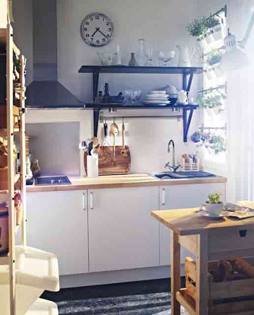 a tiny kitchen with white cabinets, butcher block countertops, open shelving, and a range hood, as well as a tiny kitchen island and a vertical herb garden