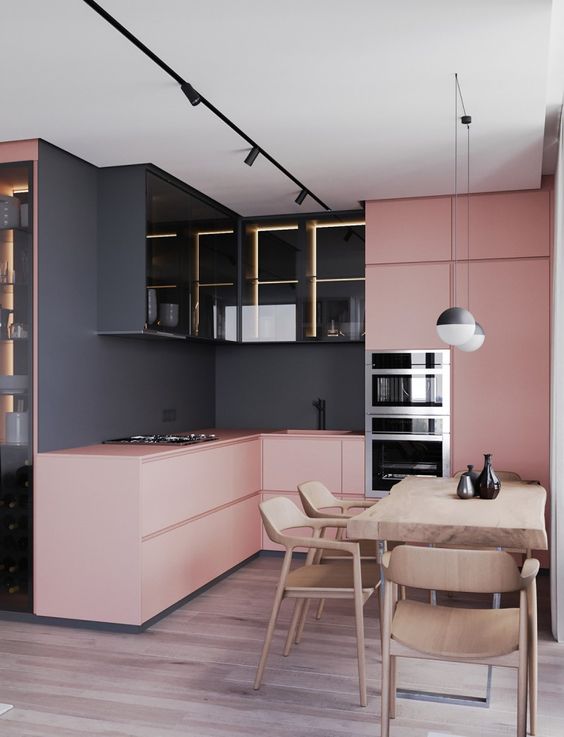 A beautiful two-tone kitchen in black and pink is a great idea to rock the two-tone kitchen trend