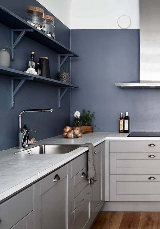 A striking modern kitchen in light gray with navy blue walls and shelves looks extremely edgy and chic
