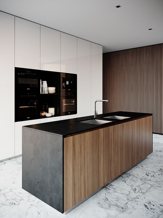 a stunning ultra-minimalist kitchen with sleek white cabinets and built-in appliances, a black kitchen island with wooden doors