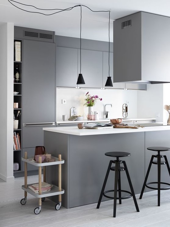 a modern Scandinavian kitchen with elegant gray cabinets, white countertops and backsplash, black pendant lamps and stools