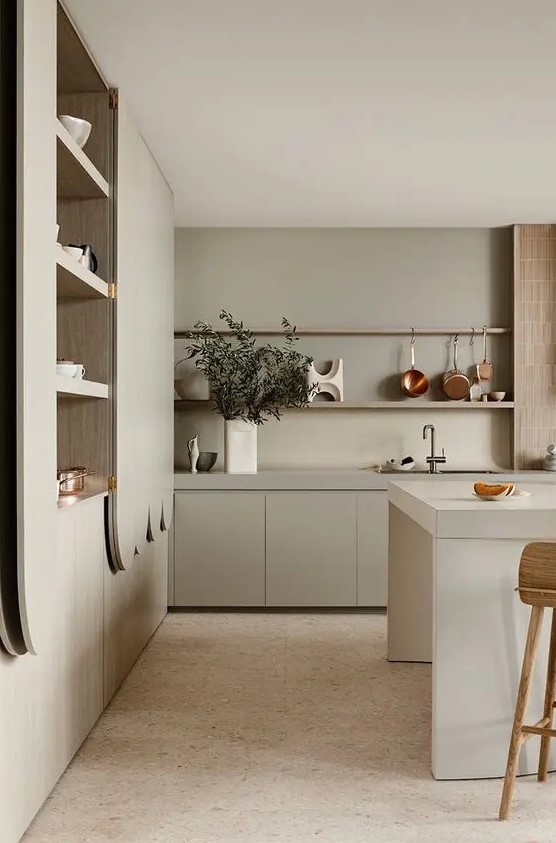 A dove gray modern kitchen with sleek cabinets, a bamboo backsplash, eye-catching curved details and open shelving is amazing