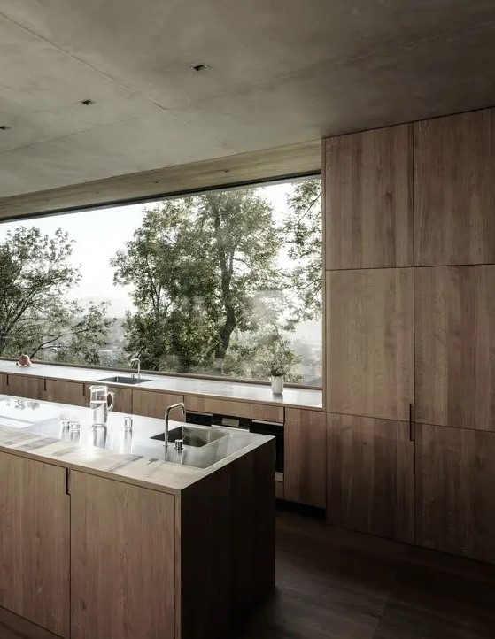 an inviting, modern kitchen with stained sleek cabinets, stone countertops and a glazed wall to enjoy forest views