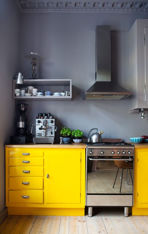 A colorful kitchen with graphite gray walls and upper cabinets, yellow lower cabinets and sleek appliances is simply impressive