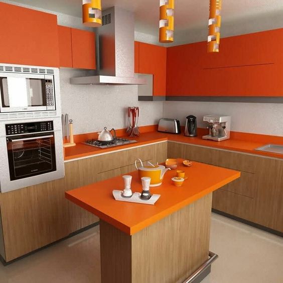 a bright, minimalist kitchen with light-stained wood cabinets and a kitchen island, orange upper cabinets and countertops