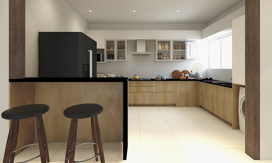 Simple kitchen partition design with simple wooden frame worktop