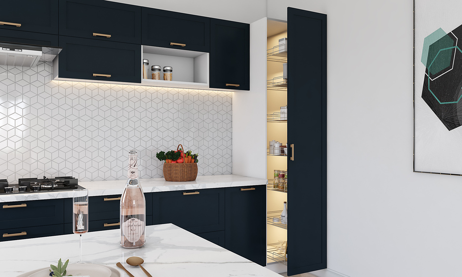 Kitchen cabinet with vertical storage space and integrated lighting