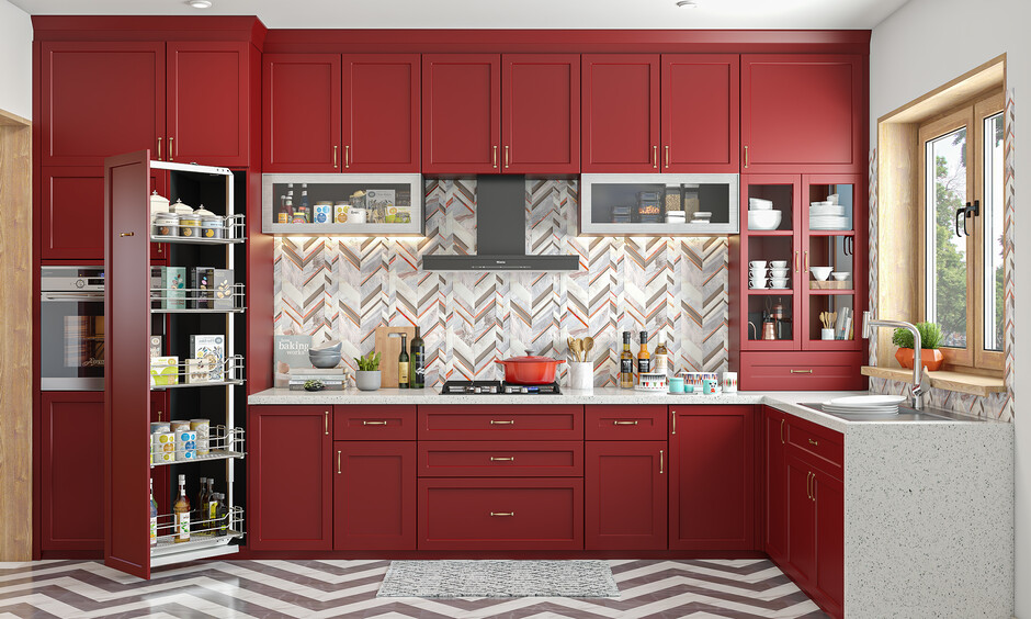 Pull-out kitchen cabinet with adjustable shelves for a trendy look