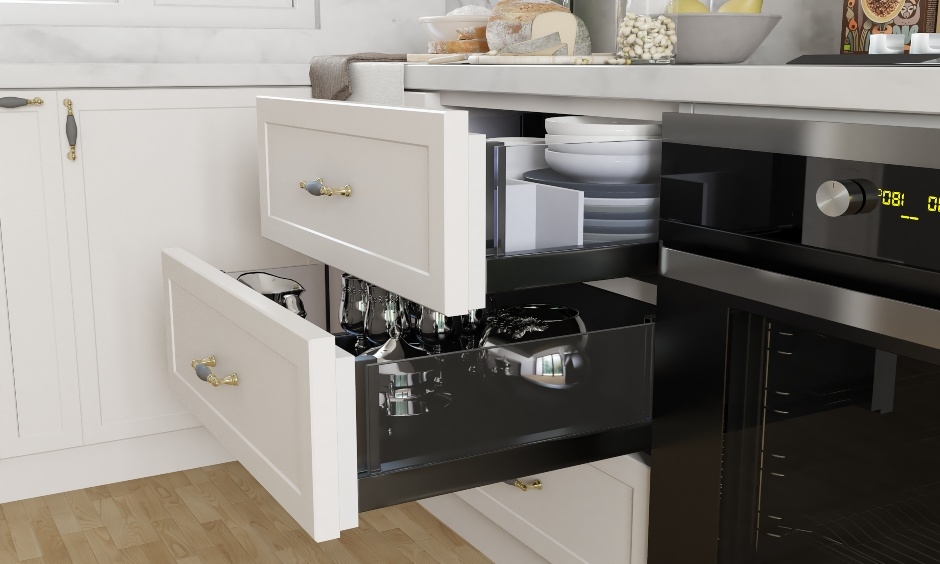 Pull-out glass drawers with dividers for kitchen cabinets