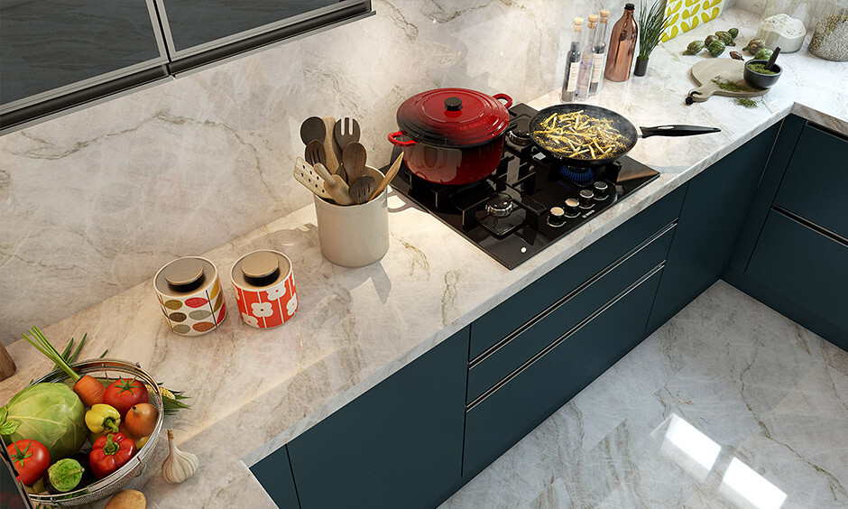 A simple kitchen top with a stone design adds elegance and sophistication to the kitchen interior