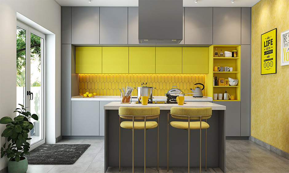 Honeycomb patterned dado kitchen tiles in yellow color