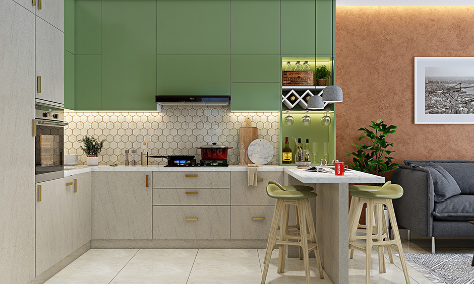 Cream dado tiles for kitchen wall with honeycomb pattern