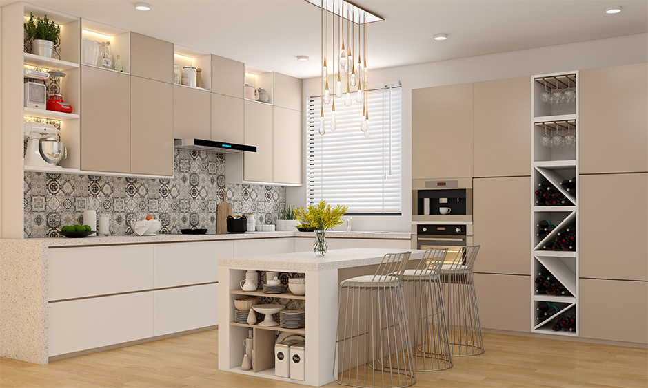 Light and dark gray dado kitchen tiles enhance the aesthetics of the room