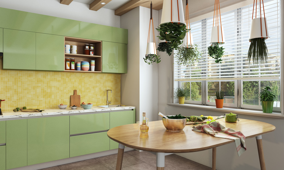 Yellow checkered dado kitchen tiles give a feeling of vibrancy and warmth