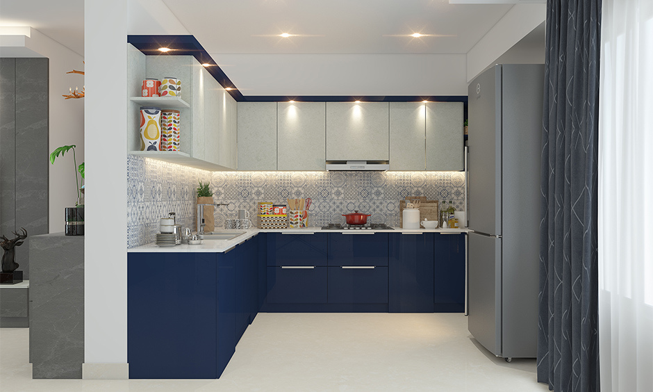 Wireless under cabinet lighting in white and blue for L-shaped kitchen