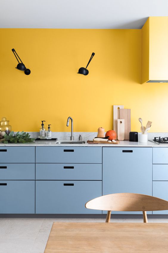 A chic modern kitchen with a yellow accent wall and light blue sleek cabinets creating a contrasting combination