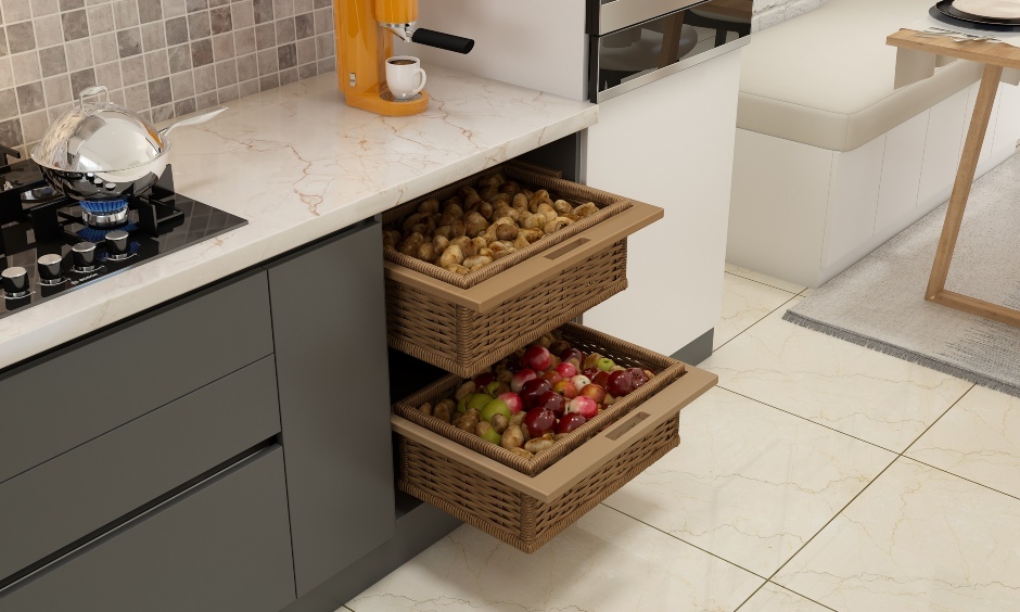 Extendable wicker basket for tidy and charming storage in the kitchen