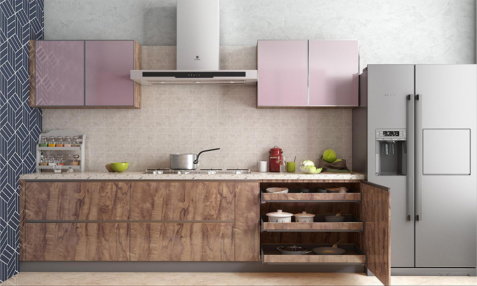 Pink and wood tones of kitchen cabinet paint for small kitchens create a visually spacious environment