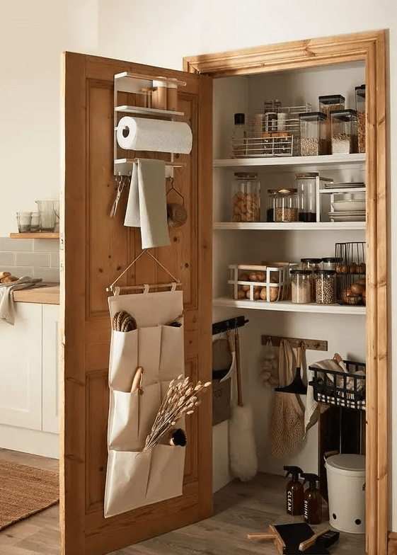 a cozy little pantry with open shelves, some baskets, food containers and storage space, some things are attached to the door