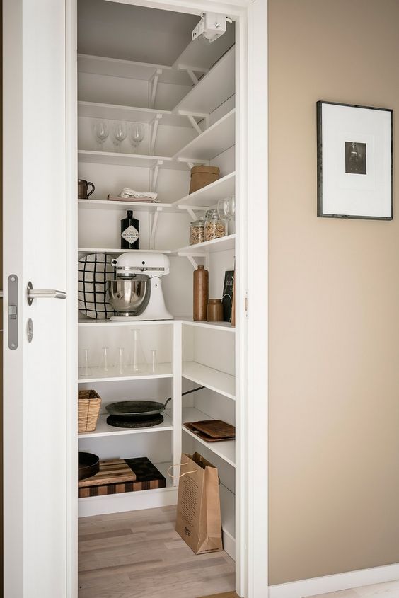 a small pantry with open shelves, appliances and other things and a small white door to hide everything