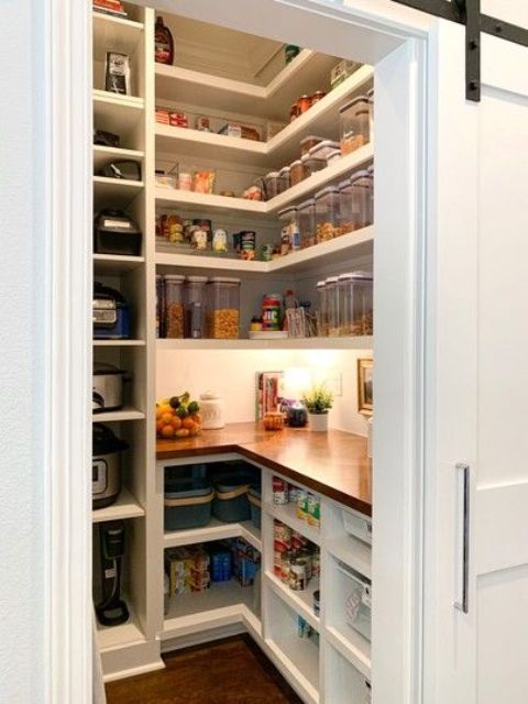 A small white pantry with open shelves and built-in cabinets, with lights and plants is a cool storage place